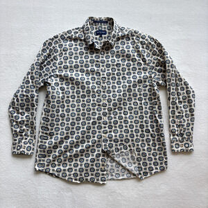Alan Flusser Button Down Shirt Mens‎ XL White Blue Yellow Geometric Medallion